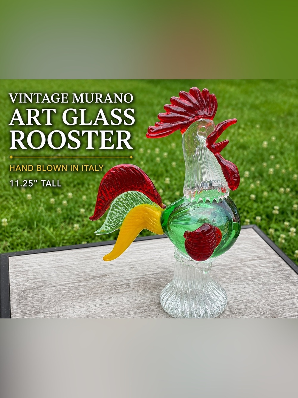 Vintage Italian Murano Art Glass Rooster Sculpture Figurine 11.25” Hand Blown